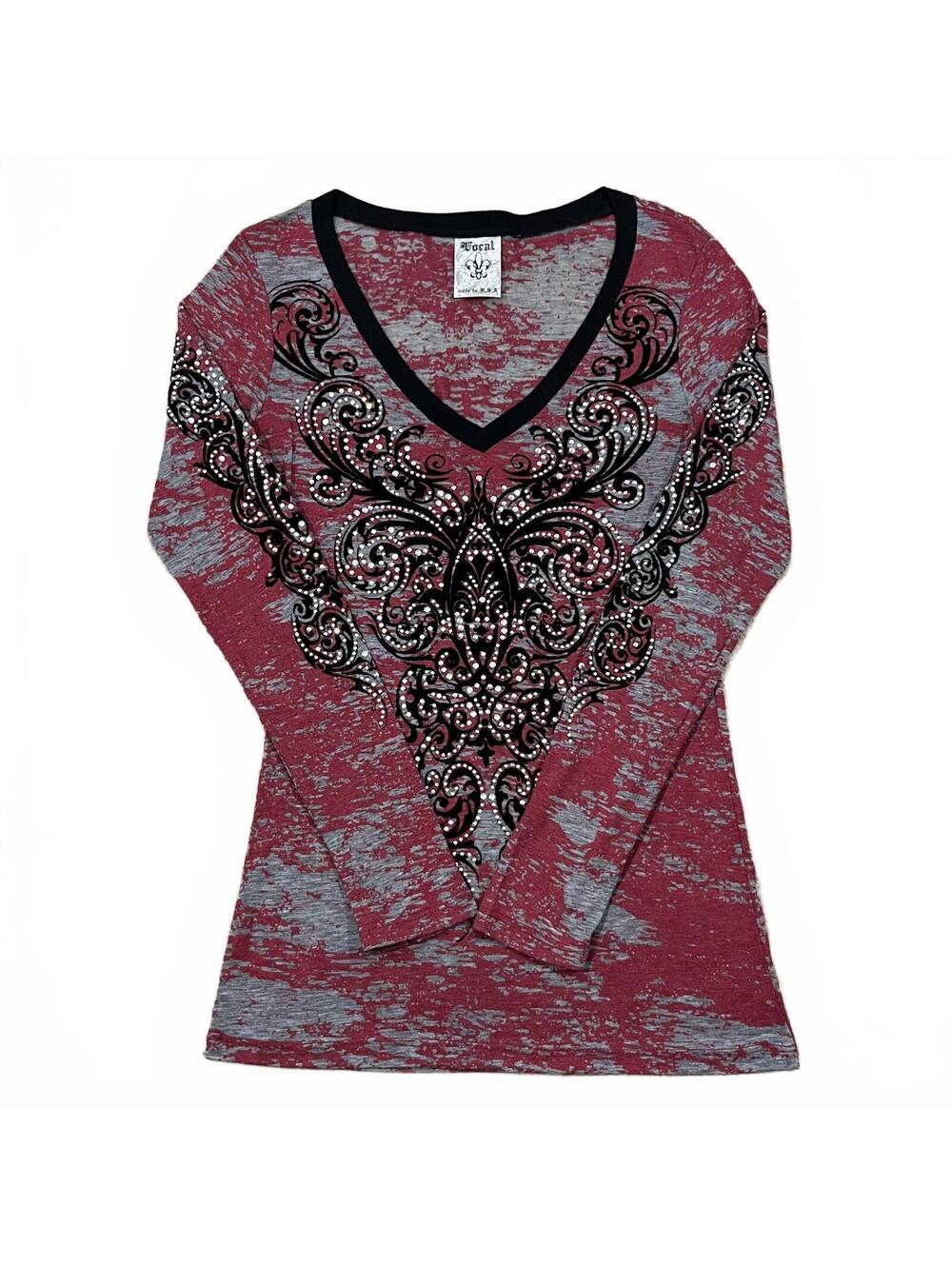 Vocal Y2K Womens Long Sleeve V Neck Red Embellished Top Size Medium
